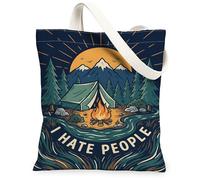 Tent Canvas Tote Bag for Women, Outdoor Adventure Mountain Fire Summer Navy Washable Reusable Small Tote Bags Ideas for Family Friends Colleagues Reading Loves 13x15 Inch