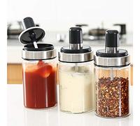 TENTA KITCHEN 3 High Borosilicate Glass Spice Jars Seasonning Box Jar Condiment Jar, Combination Spoon and Lid Design, Premium Commercial Grade, Empty Jars 8.45 oz, Airtight Cap