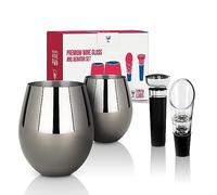 TenTen Labs Stainless Steel Stemless Wine Glasses (Set of 2) with Wine Aerator and Stopper - 18oz - Unbreakable Wine Glass for Outdoors, Travel, Camping and Pool - Gunmetal Grey