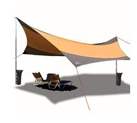TentHome Large Lightweight Camping Tarp Shelter Sun Shade Awning Canopy with Poles and Sandbag for 5-8 Person (Brown (with Heavy iron pole))