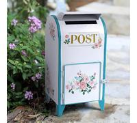 TentHome Letterbox Mail Box Outside Iron Freestanding Mailbox Wedding Garden Decorative Lockable Vertical Outdoor Post Office Letter Box (White (Rose full blooming))