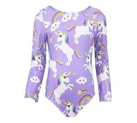 TENVDA Girls Leotards for Gymnastics Outfits Sparkle Kids One-Piece Colorful Dancewear Size 2-12 Years Old, Purple-unicorn, 6-7 years