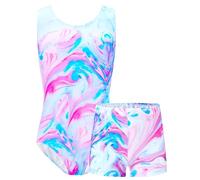 TENVDA Gymnastics Leotards for Girls Sleeveless Kids Dance Tumbling Outfit Matching Shorts Set Age 4-12 Years, Blue Marble, 8-9 years
