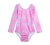 TENVDA Gymnastics Leotards for Girls Sparkly Unicorn Rainbow Long Sleeve Kids Tumbling Outfit Age 2-9 Years Old, Pink Stars, 3-4 Years