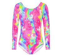TENVDA Gymnastics Leotards for Girls Sparkly Unicorn Rainbow Long Sleeve Kids Tumbling Outfit Age 2-9 Years Old, Colorful Unicorn B, 3-4 Years