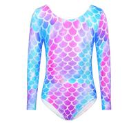 TENVDA Gymnastics Leotards for Girls Sparkly Unicorn Rainbow Long Sleeve Kids Tumbling Outfit Age 2-9 Years Old, Mermaid Scale D, 3-4 Years