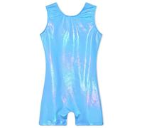 TENVDA Leotards for Girls Gymnastics Kids Children Biketard With Shorts Sparkly Unicorn Dance Unitards(Multiple Colors), Holographic Blue, 6-7 years
