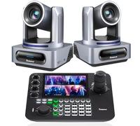 Tenveo PTZ Camera and Controller Bundle - 4K NDI PTZ Camera(2PCS) 20X Optical Zoom AI Tracking SDI/HDMI/USB3.0/LAN(PoE) and 7'' Quad-Screen NDI Joystick Controller Kit for YouTube OBS Live Streaming