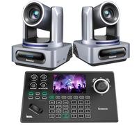 Tenveo PTZ Camera and Controller Bundle - 4K NDI PTZ Camera(2PCS) 20X Optical Zoom AI Tracking SDI/HDMI/USB3.0/LAN(PoE) and 5'' Screen NDI Joystick Controller Kit for YouTube OBS Live Streaming
