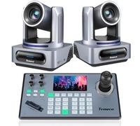 Tenveo PTZ Camera and Controller Bundle - 4K NDI PTZ Camera(2PCS) 20X Optical Zoom AI Tracking SDI/HDMI/USB3.0/LAN(PoE) and 5'' Screen PTZ Joystick Controller Kit for YouTube OBS Live Streaming