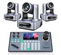 Tenveo PTZ Camera and Controller Bundle - 4K NDI PTZ Camera(3PCS) 20X Optical Zoom AI Tracking SDI/HDMI/USB3.0/LAN(PoE) and 5'' Screen PTZ Joystick Controller Kit for YouTube OBS Live Streaming