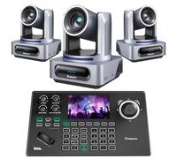 Tenveo PTZ Camera and Controller Bundle - 4K NDI PTZ Camera(3PCS) 20X Optical Zoom AI Tracking SDI/HDMI/USB3.0/LAN(PoE) and 5'' Screen NDI Joystick Controller Kit for YouTube OBS Live Streaming
