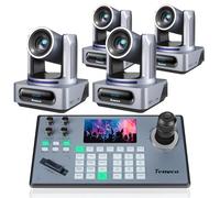 Tenveo PTZ Camera and Controller Bundle - 4K NDI PTZ Camera(4PCS) 20X Optical Zoom AI Tracking SDI/HDMI/USB3.0/LAN(PoE) and 5'' Screen PTZ Joystick Controller Kit for YouTube OBS Live Streaming