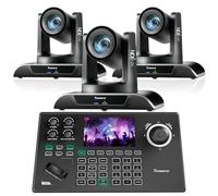 Tenveo PTZ Camera and Controller Bundle/Kits - 20X AI Auto Tracking HDMI/USB3.0/LAN(PoE) NDI PTZ Camera(3PCS) and 5'' LCD Screen NDI Joystick Controller for Church Service Events Live Streaming