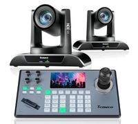 Tenveo PTZ Camera and Controller Bundle/Kits - 20X AI Auto Tracking HDMI/USB3.0/LAN(PoE) NDI PTZ Camera(2PCS) and 5'' LCD Screen Joystick Controller for Church Service Events Live Streaming
