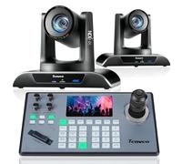 Tenveo PTZ Camera and Controller Bundle/Kits - 4K 20X AI Auto Tracking HDMI/USB3.0/LAN(PoE) NDI PTZ Camera(2PCS) and 5'' LCD Screen Joystick Controller for Church Service Events Live Streaming