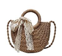 TENVORA Straw Bag Handmade Half-Round Rattan Woven Straw Bag Summer Women Crossbody Bags Small Beach Handbag(Khaki Ribbon)