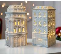TenWaterloo Christmas Lighted Townhouses Set of 2, White Mansions, 9 x 4 x 4 inches, Vintage Style Holiday Decor, Battery Operated, Christmas Village Houses