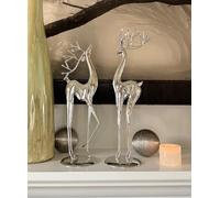 TenWaterloo Modern Silver Metal Reindeer Sculptures, Set of 2, 17.5" and 18.5" High, Christmas Deer Decor with Base