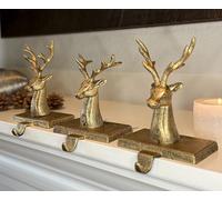 TenWaterloo Solid Cast Iron Rustic Elegance Gold Reindeer Christmas Stocking Holders, Set of 3, 7 inches High