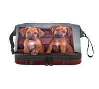 Teo Puppies in a Vintage Wooden Box Double Layer Cosmetic Bag for Women and Girls, Travel Toiletry Bag Makeup Handy Pouch Organiser Bag with Brush Compartment