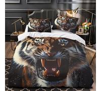 TEODLECDS Fierce tiger face 3D Printing Quilt Cover 3pcs Microfibre Anti-Fade Breathable Light Wild animal Comforter Cover 2 Pillowcases Zip Closure Bed Set Teenagers & Adults Single（140x200cm）