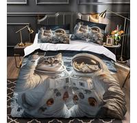 TEODLECDS Space cat selfie 3D Printing Quilt Cover 3pcs 100% Microfibre Anti-Fade Zip Closure Cosmic adventure Duvet Cover 2 Pillowcases Breathable Easy Care Bedding Boys Girls Room Single（140x200cm）