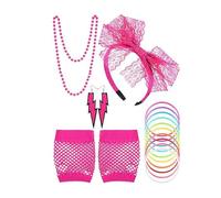 Teogneot 80s Party Accessories Set Pink Lace Headband Beaded Chain Lightning Earrings Mesh Gloves Rainbow Bangles