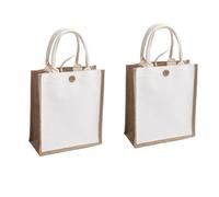 Teogneot Jute Shopping Bags with Cotton Front, Set of 2, Natural Brown and White, Button Closure, Natural brown and white, Mittelgroß