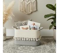 TeoKJ Storage Basket 38x25x22cm - Woven Basket with Tassels, Toy Organizer, Rope Bin for Living Room, Bathroom, Decorative Woven Storage Solution White&Gray