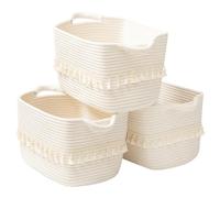 TeoKJ White Cotton Ropen Baskets for Storage, Set of 3 Woven Clothes Basket for Organizing and Storage, Blanket Basket for Living Room Laundry Bathroom Shelves