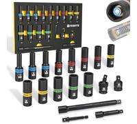 TEOOTD 3/8 Inch Drive Magnetic Impact Socket Set, 18PCS Deep Impact Socket Set Magnetic Sockets,Magnetic Socket,CR-MO, Metric, 7-19mm with 3/6in Extensions, 1/4 Universal Joint & 3/8 to 1/2 Adapter