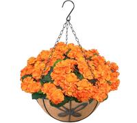 Tepaler Fall Hanging Fake Flowers Basket with 8 Artificial Geranium Stems, Autumn Outdoor Faux Floral Plant with Butterfly Basket for Porch Yard Garden Decor