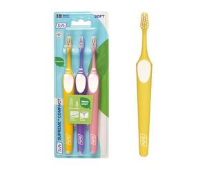 TePe Supreme Compact Toothbrush, Soft, Assorted Colours, 3pcs Blister, Two-Level filaments for Excellent Reach, Small Head Toothbrush for Kids