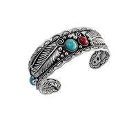 Teppdfann Turquoise Feather Cuff Bracelet for Women - Western Style Silver Adjustable Bracelet with Red Gemstone Accents, Vintage Southwest Boho Jewelry Gift for Cowgirl Festival Daily Wear