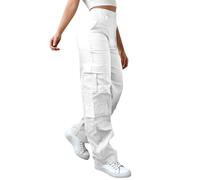 TEPTDirio Cargo Trousers Women Solid Color High Waist Wide Leg Joggers for Women UK Fashionable Side Pockets Joggers Elastic Loose Fitting Work Womens Walking Trousers Gym Baggy Cargo Pants White