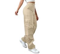 TEPTDirio Cargo Trousers Women Solid Color High Waist Wide Leg Joggers for Women UK Fashionable Side Pockets Joggers Elastic Loose Fitting Work Womens Walking Trousers Gym Baggy Cargo Pants Khaki