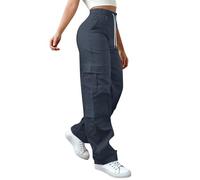 TEPTDirio Cargo Trousers Women Solid Color High Waist Wide Leg Joggers for Women UK Fashionable Side Pockets Joggers Elastic Loose Fitting Work Womens Walking Trousers Gym Baggy Cargo Pants Navy