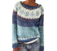 TEPTDirio Ladies Jumpers Long Sleeve Crewneck Womens Sweaters Fairisle Norwegian Knitted Fair Isle Print Sweaters Casual Loose Lightweight Womens Tops Winter Fashion Fairisle Jumper Women Lightblue