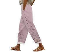 TEPTDirio Linen Trousers Womens Elasticated Waist Cotton Pants for Women UK Embroidered Print Side Buttons Cropped Loose Casual Pants Wide Leg Summer Trousers for Women UK Soft Ladies Joggers Pink
