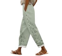 TEPTDirio Linen Trousers Womens Elasticated Waist Cotton Pants for Women UK Embroidered Print Side Buttons Cropped Loose Casual Pants Wide Leg Summer Trousers for Women UK Soft Ladies Joggers Green