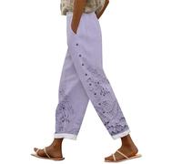 TEPTDirio Linen Trousers Womens Elasticated Waist Cotton Pants for Women UK Embroidered Print Side Buttons Cropped Loose Casual Pants Wide Leg Summer Trousers for Women UK Soft Ladies Joggers Purple
