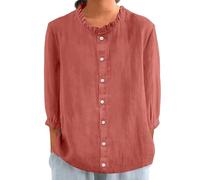 TEPTDirio Summer Shirts for Women UK Cotton Linen Long Sleeve Black T-Shirt Women Vintage Boho Embroidered Tops Summer 3/4 Sleeve Button Shirts Ladies Blouses Three Quarter Sleeve Tops Today's Deals