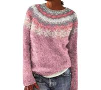 TEPTDirio Womens Jumpers Long Sleeve Crewneck Sweaters for Women UK Fairisle Norwegian Retro Casual Cropped Jumpers Knitted Fair Isle Print Sweaters Autumn Winter Warm Fairisle Jumper Women Pink