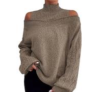 TEPTDirio Womens Jumpers Long Sleeve Plus Size Womens Sweaters 2025 Half Turtleneck Off Shoulder Sweaters Sleeve Eight Loose Slimming Jumpers Autumn Winter Oversized Women's Clothes Khaki