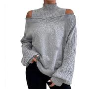 TEPTDirio Womens Jumpers Long Sleeve Plus Size Womens Sweaters 2025 Half Turtleneck Off Shoulder Sweaters Sleeve Eight Loose Slimming Jumpers Autumn Winter Oversized Women's Clothes Grey