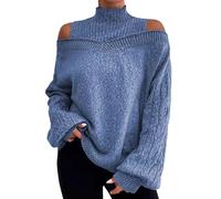 TEPTDirio Womens Jumpers Long Sleeve Plus Size Womens Sweaters 2025 Half Turtleneck Off Shoulder Sweaters Sleeve Eight Loose Slimming Jumpers Autumn Winter Oversized Women's Clothes Blue
