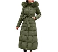 TEPTDirio Women's Long Quilted Coat Hooded Down Jackets Maxi Length Long Sleeve Puffer Jacket Padded Coat Windbreaker with Belt Ladies Plus Size Cardigan Tops Winter Warm Outerwear