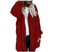 TEPTDirio Women's Winter Solid Color Plush Warm Cardigan Mid-Length Double-Sided Jacket Loose Outercoat With Pocket Casual Cardigan (Wine, XXXXXL)