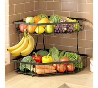 Tequie 2 Tier Fruit Corner Basket for Kitchen Counter - Detachable Metal Fruit Bowl with 2 Banana Hangers, Large Capacity Fruit Basket Stand with Wooden Handle for Fruit Bread Veggies Storage